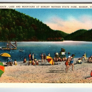 Plage Lac Montagnes au parc d'État Hungry Mother, Marion Virginia, carte postale en lin, cadeau unique