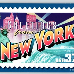 Salutations de New York grande lettre carte postale chromée USPS 2001 Statue de la liberté cadeau unique