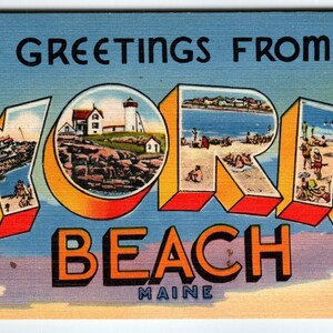 Grande carte postale en lin Tichnor, grande lettre, Grandes salutations de York Beach, inutilisé
