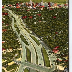 Carte postale en lin New Express Highway Ariel View Dallas Texas Carte postale inutilisée Curt Teich
