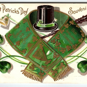 Carte postale de la Saint-Patrick Années 1910, écharpe irlandaise Pipe Hat Club Shamrocks Nash 1915