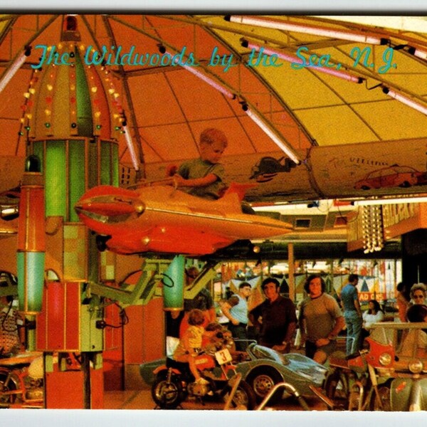 Wildwood By The Sea New Jersey Postcard Boardwalk Rides Retro Space Age Aircraft Unique Gift