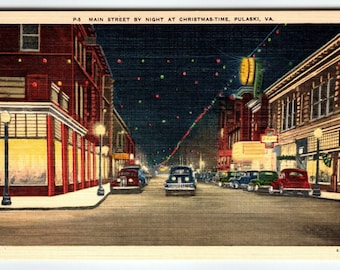 Main Street By Night At Christmas Pulaski Virginia Postcard Linen Old Cars VA