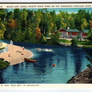 Beach & Lodge Pickett State Park Swimmers Boat Tennessee Kentucky Postcard Linen