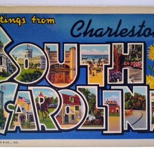 Carte postale en lin, grande lettre, Charleston, Caroline du Sud, Curt Teich, cadeau unique
