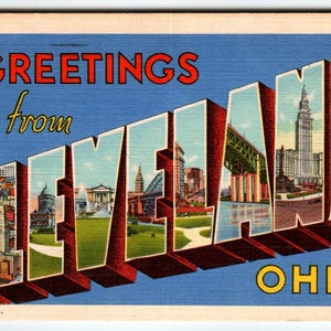 Grande carte postale en lin, grande lettre, grande lettre, salutations de Cleveland, Ohio, vintage 1955