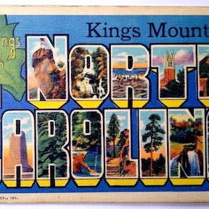 Carte postale en lin grande lettre, Caroline du Nord, 1943, Greetings From Kings Mountain