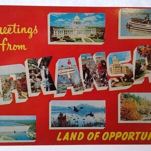 Salutations de l'Arkansas, grande carte postale en lettres majuscules, presse Dexter inutilisée, cadeau unique