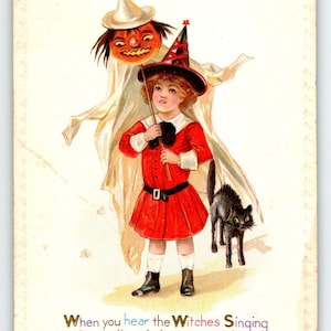 Halloween Postkarte Schwarze Katze Hexe Mädchen Kobold Postkarte Nash H-14 Vintage