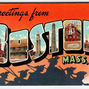 Carte postale en lin, grandes lettres, lettre, grandes salutations de Boston, photo couleur