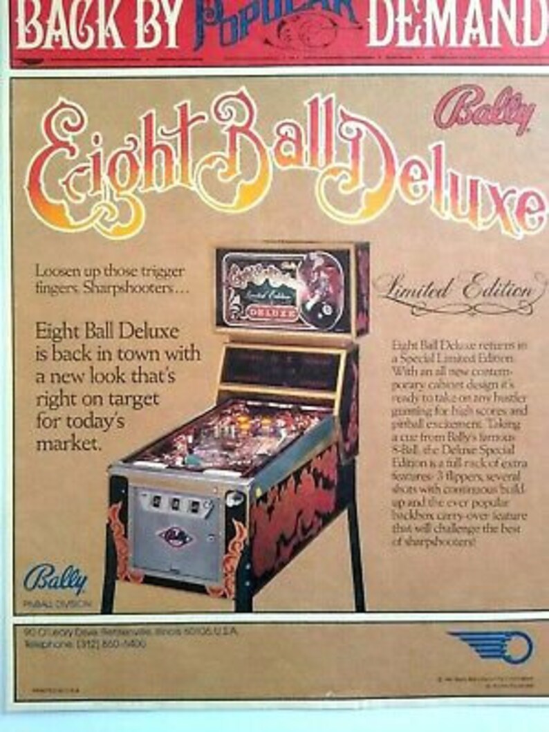 Bally Eight Ball Deluxe Pinball FLYER Limited Edition Original Etsy