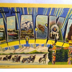 Carte postale en lin, grande lettre, Greetings From Alaska, Curt Teich, cadeau unique vintage inutilisé