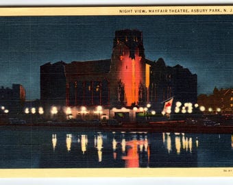 Night View Mayfair Theatre Linen Postcard Asbury Park New Jersey Beach Town