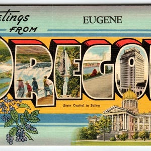 Salutations d'Eugene Oregon Grande carte postale en lin Tichnor, grande lettre, ville des années 1940
