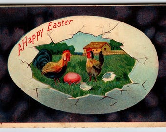 Easter Postcard Rooster Hen Cracked Giant Egg Embossed Series 670-4 Unposted