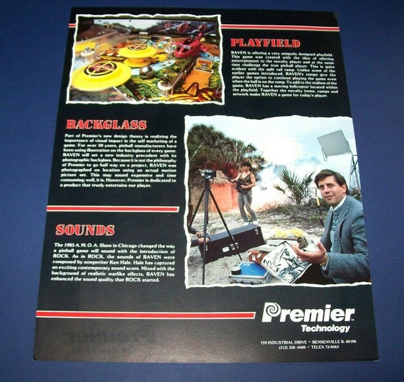 1986 PREMIER RAVEN PINBALL FLYER MINT