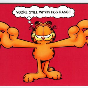 Garfield Katzenpostkarte innerhalb der Hug-Reichweite Jim Denim 1978 Orange Tabby Kitty Einzigartiges Geschenk