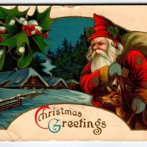 Carte postale de Noël Père Noël Vieux monde en or rouge Robe renne 1914 Saxe Gel Cadeau unique