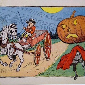 Carte postale d'Halloween Fantasy Carriage Buggy Horse Coach citrouille JOL Costume 1908 Cadeau unique