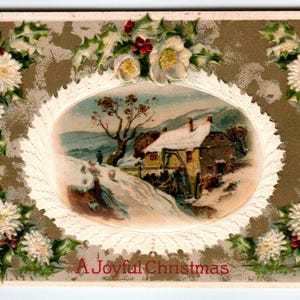 Christmas Postcard Country Cottage Flowers Winsch Back 1909 Germany Embossed Unique Gift