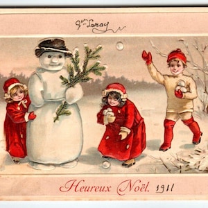 クリスマス 雪だるま ポストカード 雪だるま 男の子 女の子 1911 エリカ デッサン ウールー ノエル