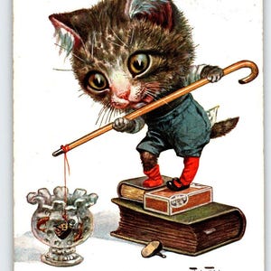 Carte postale chat habillé Simple Simon Arth. Cadeau unique de canne à pêche Thiele Fantasy Kitten Can