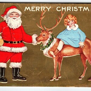 Santa Claus Weihnachten Postkarte Blondes Mädchen Sitzend Auf Rentier 1927 Gesundheit Stempel