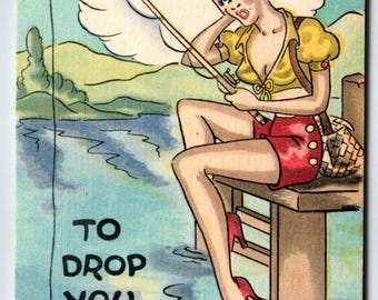 Women Fishing Drop You A Line Sexy Linen Postcard Comical Humor Unposted Vintage Unique Gift