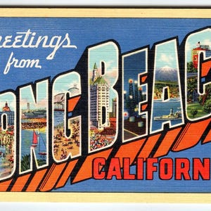 Carte postale en lin avec grandes lettres, Grandes salutations de Long Beach, Californie Curt Teich