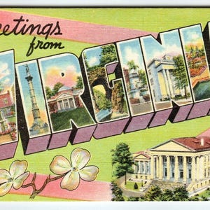 Carte postale vintage en lin, grande lettre, grande lettre, Greetings From Virginia