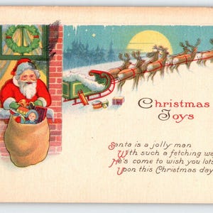 Carte postale Père Noël Rennes lune traîneau Joies de Noël vintage Stecher Ser 748