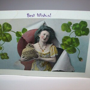 Carte postale de la Saint-Patrick, femme avec sac d'argent, photo gel originale, cadeau unique