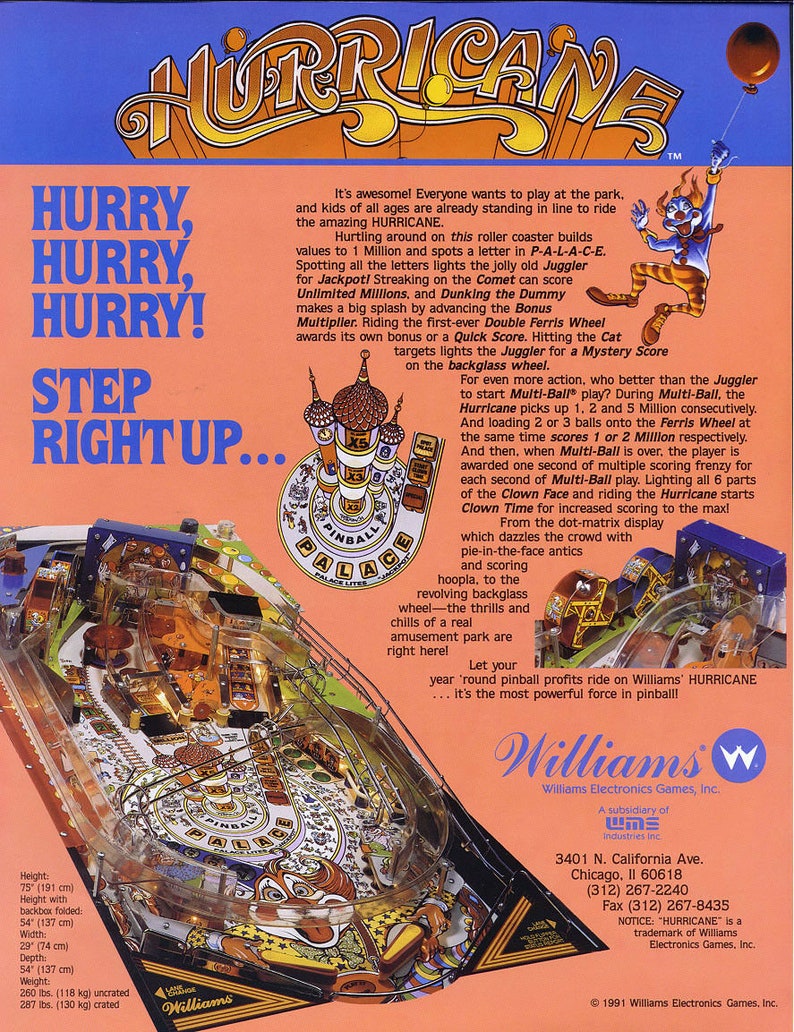 Hurricane Pinball Flyer Original Vintage Promo Game Artwork Etsy