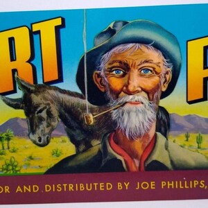 Desert Rat Crate Label Donkey Horse Cactus Cowboy Corn Cob Pipe 1950s Vintage Unique Gift