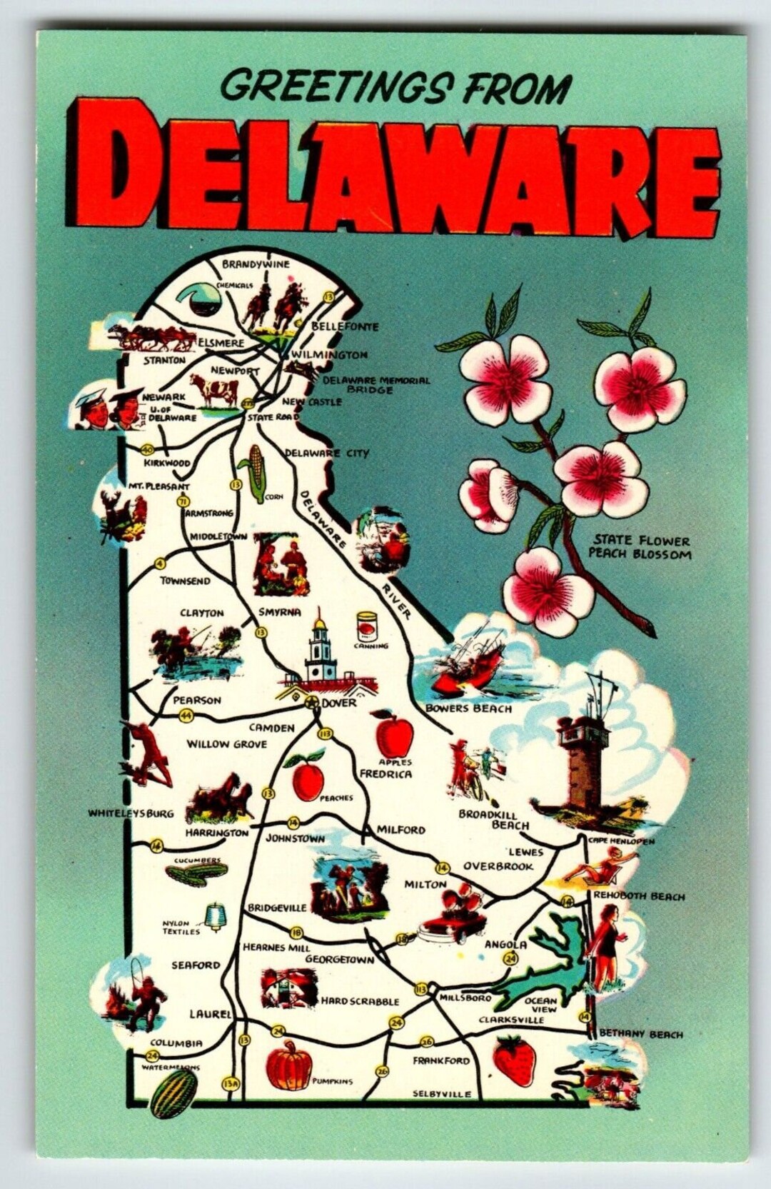 Postcard Greetings From Delaware Map Chrome Unposted Peach - Etsy
