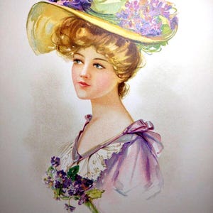 Victorian Art Print Lovely Women Wears Fancy Flower Hat Lithograph 1908 Original Unique Gift