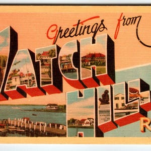 Carte postale en lin Dexter, grande lettre, Rhode Island, Greetings from Watch Hill 1949