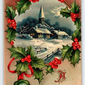 Joyful New Year Postcard Church Snow Holly Wreath Embossed Vintage 1910 Germany Unique Gift