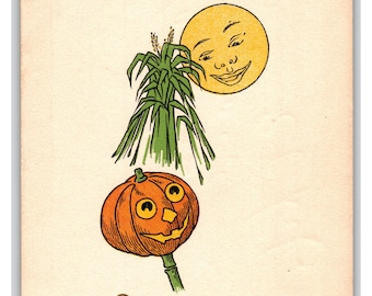 Gibson Vintage 1911 Halloween Greetings Postcard with Jack-o'-Lantern & Moon
