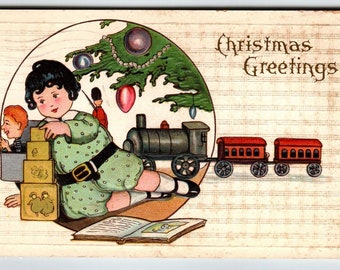 Christmas Postcard Children Toys Train Building Blocks X-mas Tree Stecher 1915