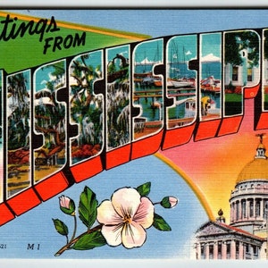Carte postale en lin, grande lettre, Grandes salutations du Mississippi, image couleur inutilisée, cadeau unique
