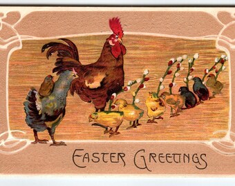 Easter Postcard 1900's Rooster Hen Baby Chicks Embossed Vintage Germany Greeting