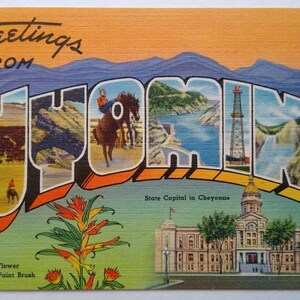 Salutations du Wyoming carte postale grande grande lettre cadeau unique Tichnor vintage inutilisée