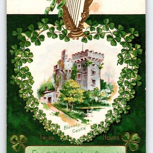 Carte postale de la Saint-Patrick, château de Blarney, Harpe Erin Go Bragh, trèfles en relief