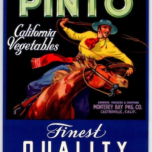 Pinto Rodeo Cowboy Horse Lasso Vegetables Crate Label 1940s Vintage Original