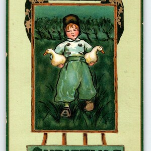 Carte postale de Noël Dutch Boy Goose Wood Shoes Muff Ivy M. James 522 Tuck 1911 Cadeau unique