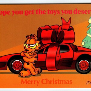 Garfield Weihnachtspostkarte Roter Sportwagen Jim Denim orange getigerte Katze 1978 Einzigartiges Geschenk