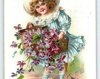 Birthday Greeting Postcard Little Girl with Violets Tuck's Post Card 1907