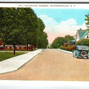 Carte postale en lin Haywood Street Old Cars Waynesville Caroline du Nord vintage inutilisé