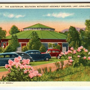 Auditorium Southern Methodist Lake Junaluska Caroline du Nord Carte postale Voitures anciennes NC Cadeau unique